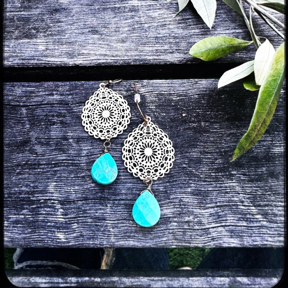 Filigree Medallion Gold Earrings with Turquoise Teardrops